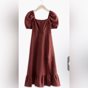 & Other Stories Rust Linen Midi dress square neck puff sleeve size 4